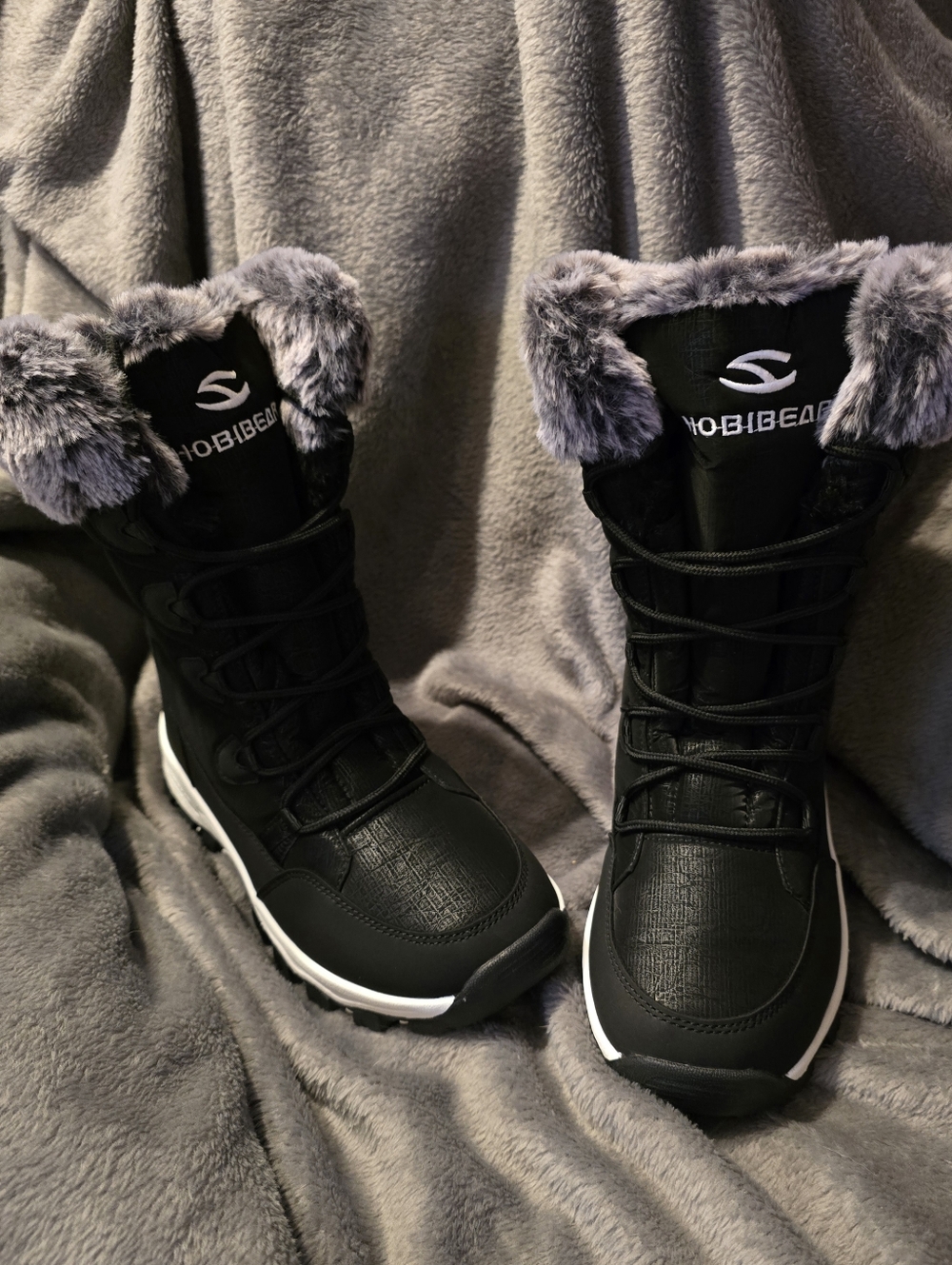 Hobibear Women's Black Waterproof Winter Snow Boots with Gray Faux Fur Trim